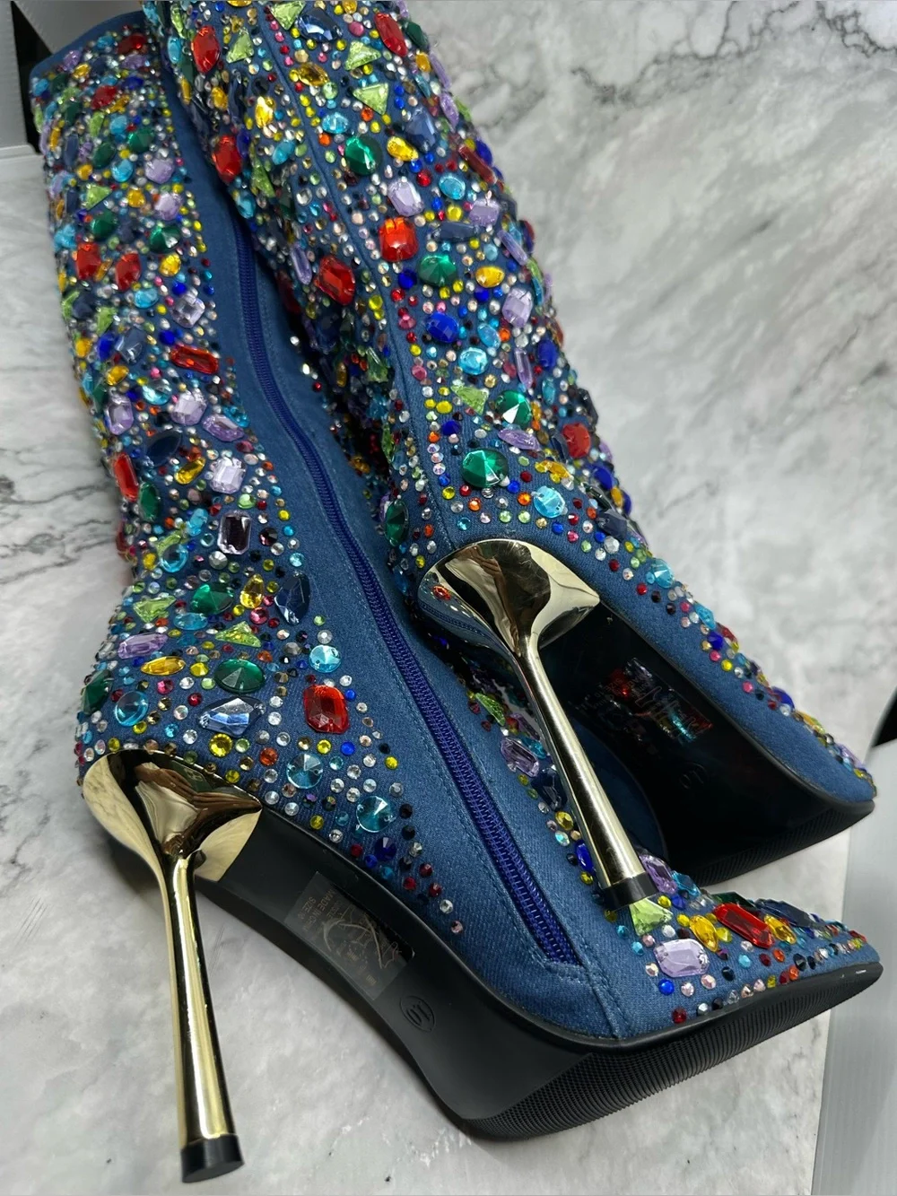 Azalea Wang Multicolor Rhinestone denim knee high boots gold stiletto size 10